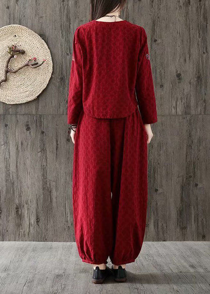 Red V Neck Wrinkled Embroideried Cotton Two Piece Set Spring