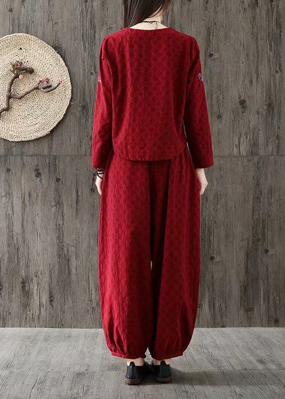 Red V Neck Wrinkled Embroideried Cotton Two Piece Set Spring