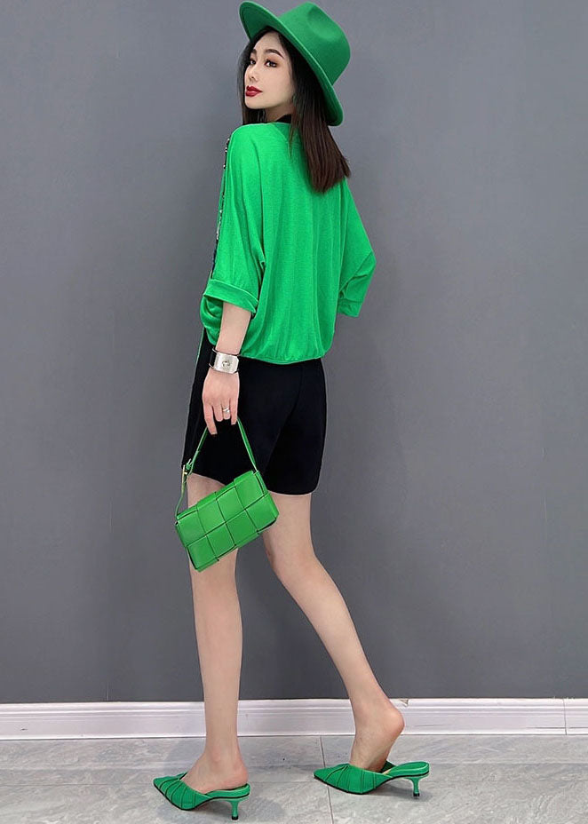 Art Green V Neck Drawstring Patchwork Print Cotton Tanks and Shorts Two Piece Set Summer