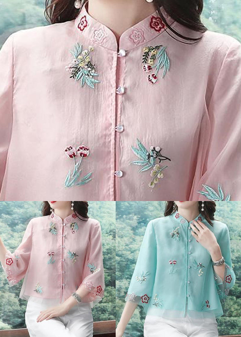 Pink Stand Collar Embroideried Patchwork Chiffon Tops Summer