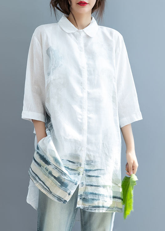 Art White Side Open Print Shirt Tops Half Sleeve