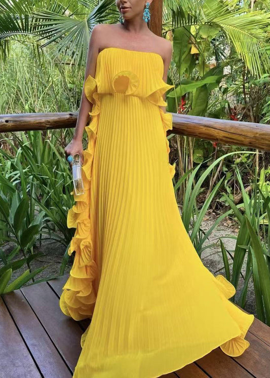 New Yellow Cold Shoulder Wrinkled Chiffon Ankle Dress Sleeveless