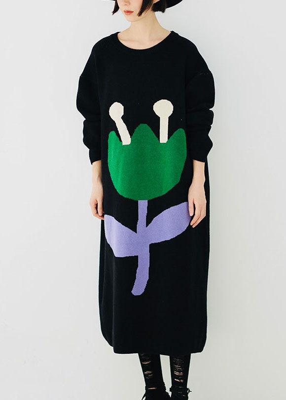 Italian Black O-neck Thick Cotton Knit Sweater Dress Long Sleeve