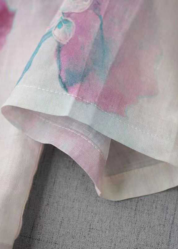 Pink O Neck Print Chinese Button Linen Blouse Top Fall
