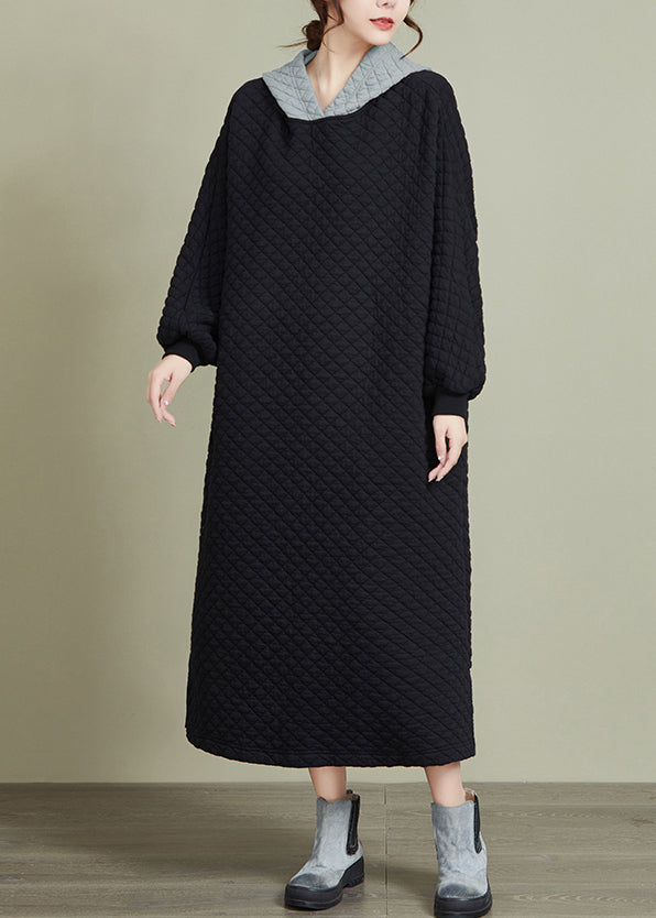 Black Hooded Patchwork Thick Long Dresses Long Sleeve