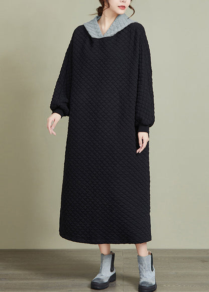Black Hooded Patchwork Thick Long Dresses Long Sleeve