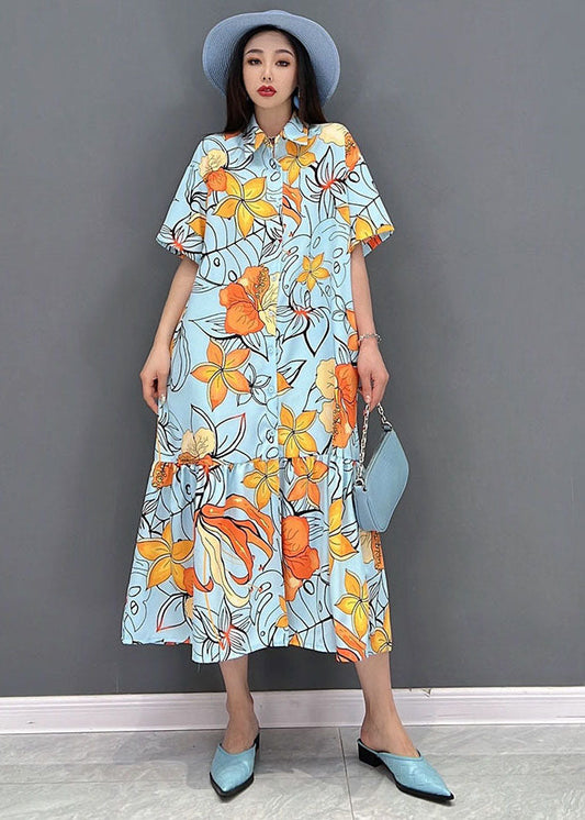 Orange Print Patchwork Shirt Dress Button Wrinkled Short Sleeve