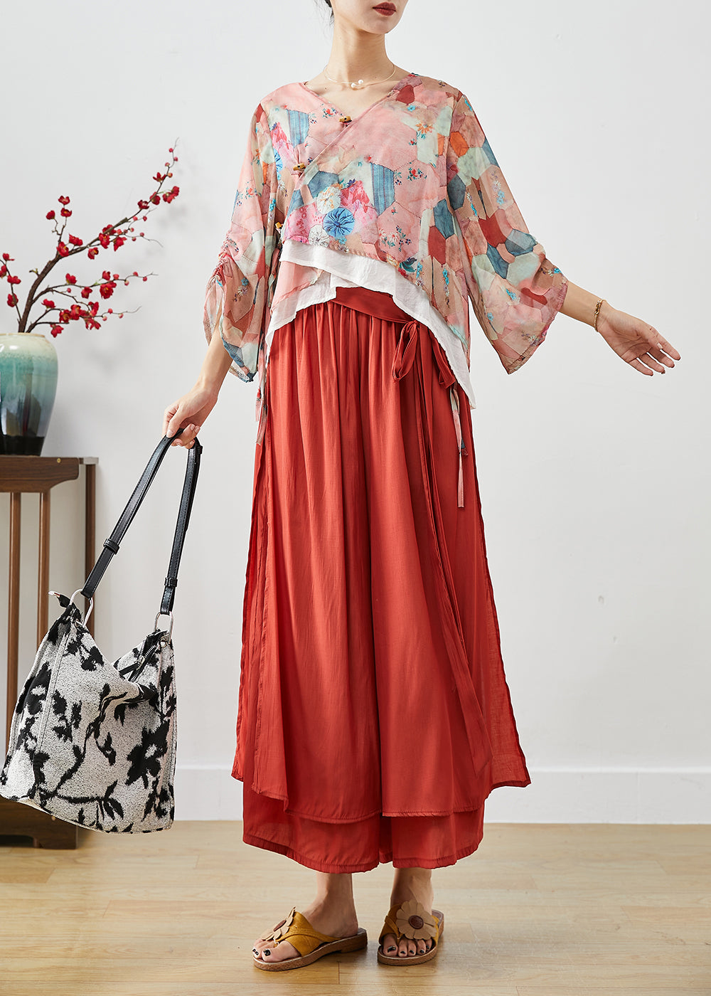 Pink Oversized Print Cotton Two Pieces Set Fall