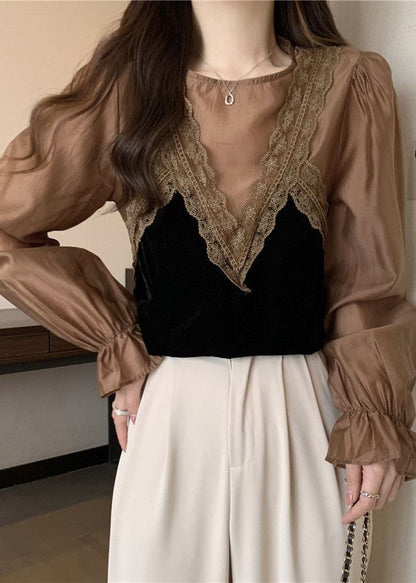 Khaki Patchwork Lace Silk Velour Shirt Top O-neck Lantern Sleeve