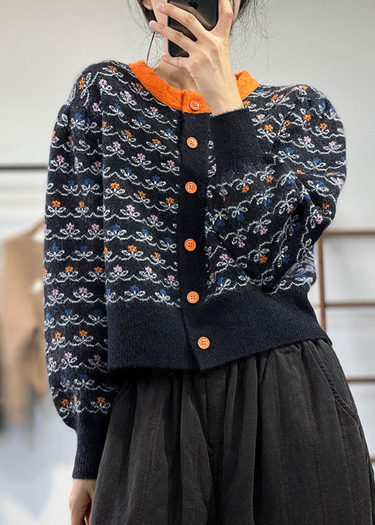 Black O-neck Jacquard Patchwork Knit Cardigans Winter