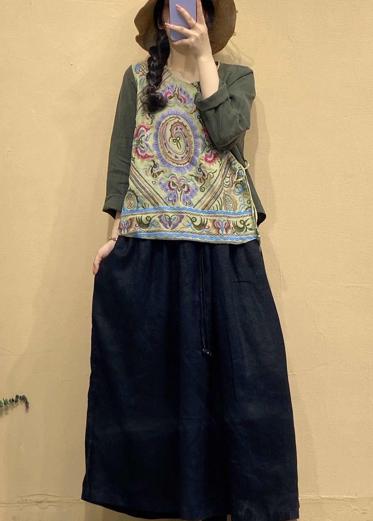 Army Green Embroideried Linen Tops Asymmetrical Long Sleeve