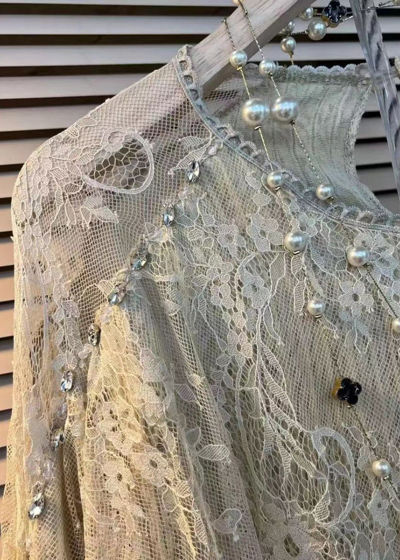 White O Neck Ruffled Zircon Lace Top Fall