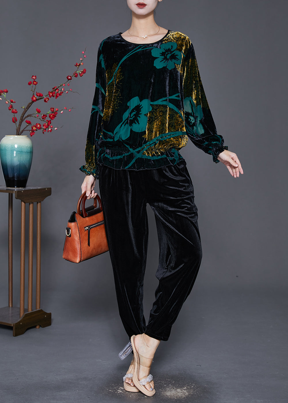 Green Print Oversized Silk Velour Two Pieces Set Fall