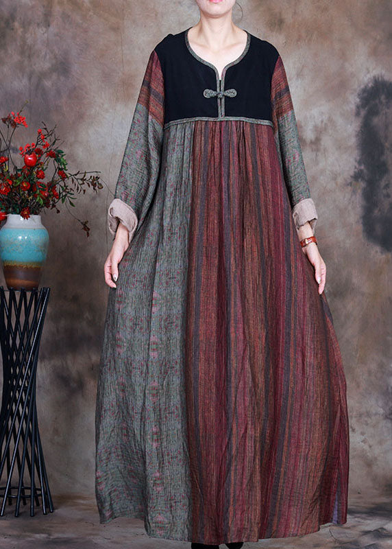 Red Green Retro Patchwork Print Fall Long Sleeve Long Dresses