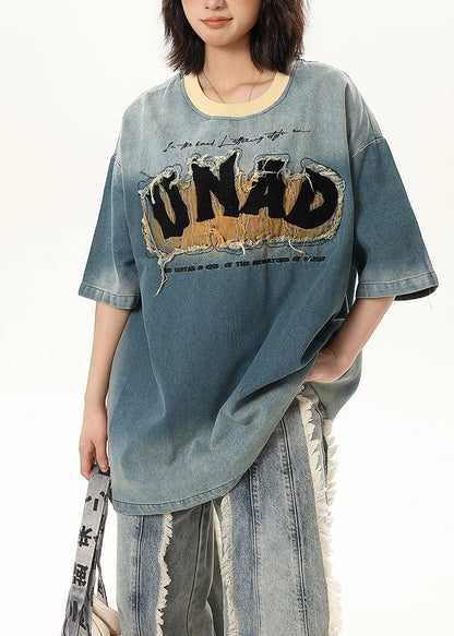 Blue Embroideried Patchwork Denim Tank Tops Half Sleeve