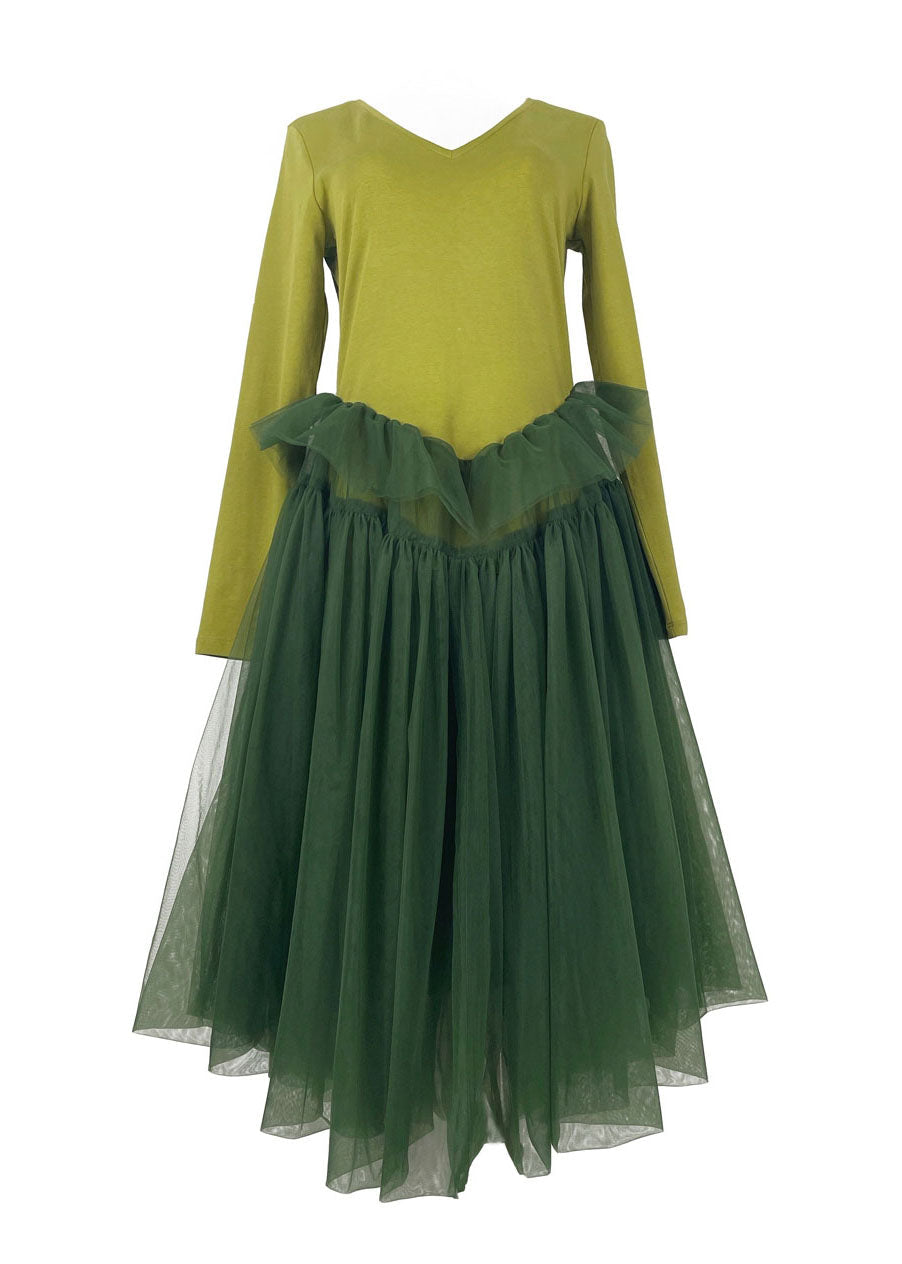 Green V Neck Patchwork Tulle Exra Large Hem Cotton Long Dress Long Sleeve