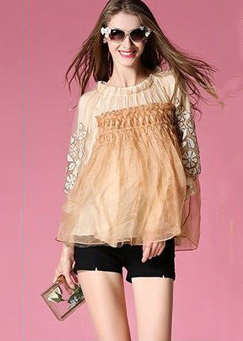 Yellow Embroidered Patchwork Tulle Shirt Top Spring