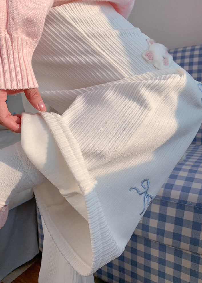 White Cat Decorated Embroidered Warm Fleece Pants Winter