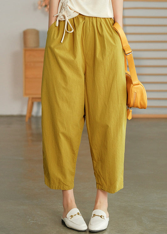 Yellow Elastic Waist Pockets Pants Spring