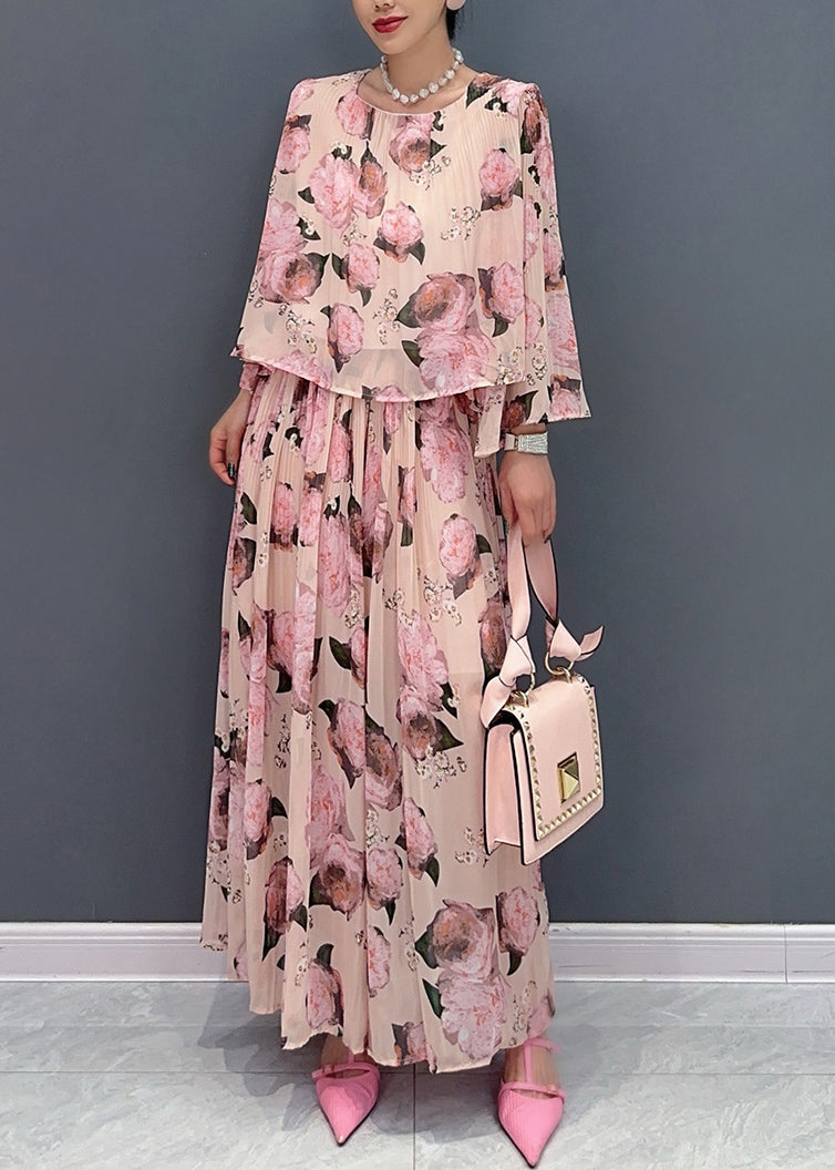 Classy Pink O Neck Print Chiffon Two Piece Set Clothing Summer
