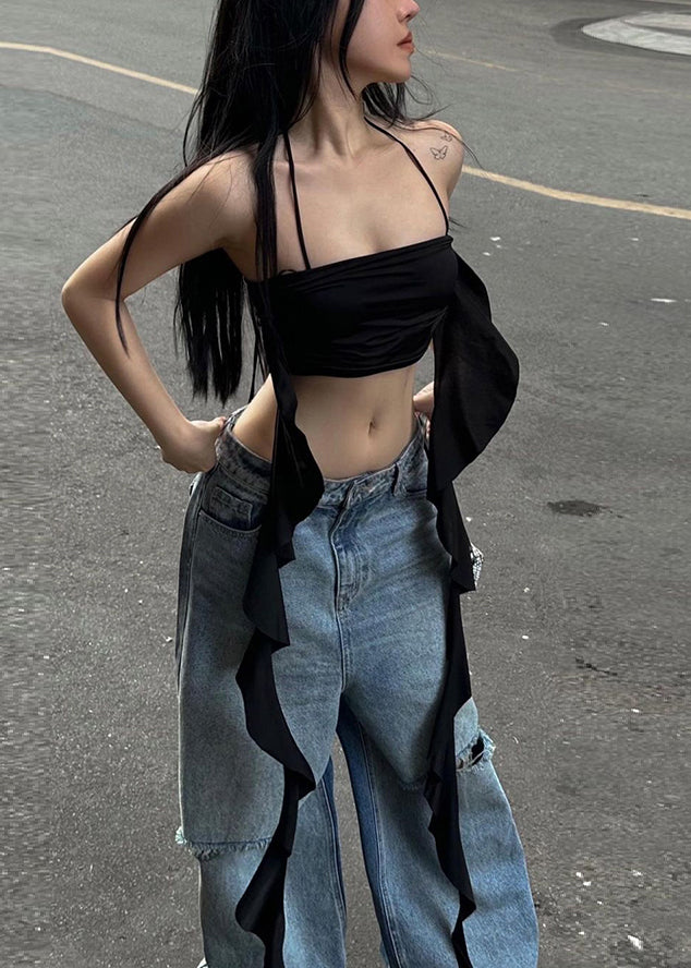 Black Backless Cotton Spaghetti Strap Tank Sleeveless