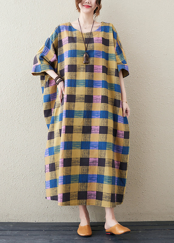 Yellow Plaid O Neck Print Cotton Long Dress Half Sleeve