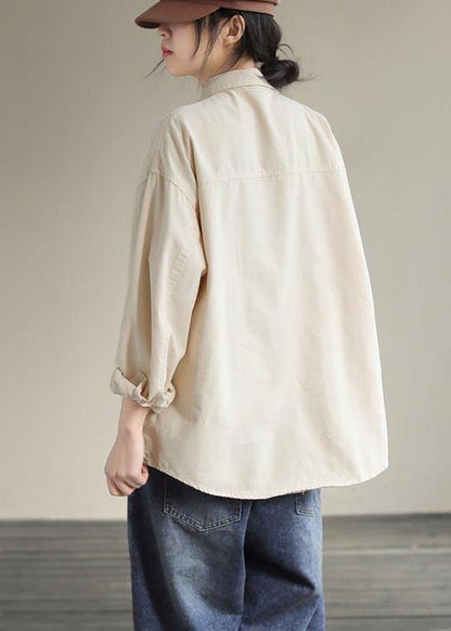 French Beige Tops Lapel Pockets Daily Spring Shirt