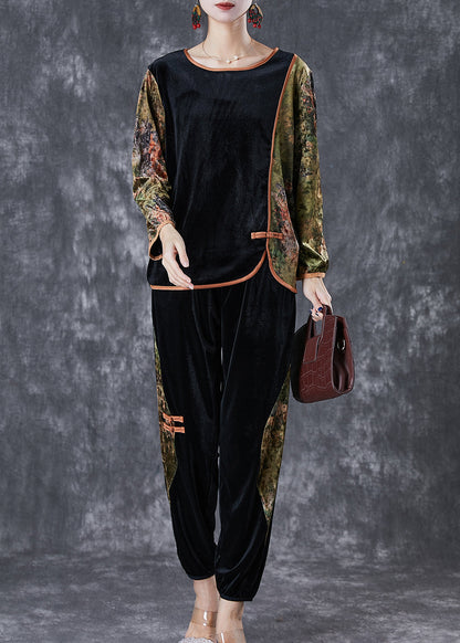 Green Patchwork Silk Velour Two Pieces Chinese Button Set Fall