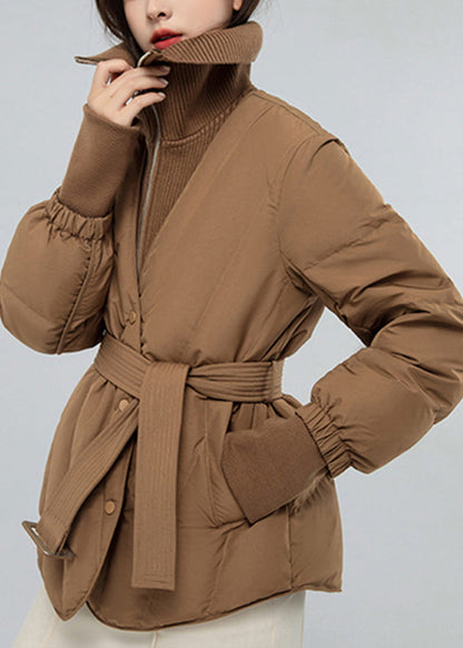 New Khaki Stand Collar Tie Waist Patchwork Duck Down Down Coat Winter