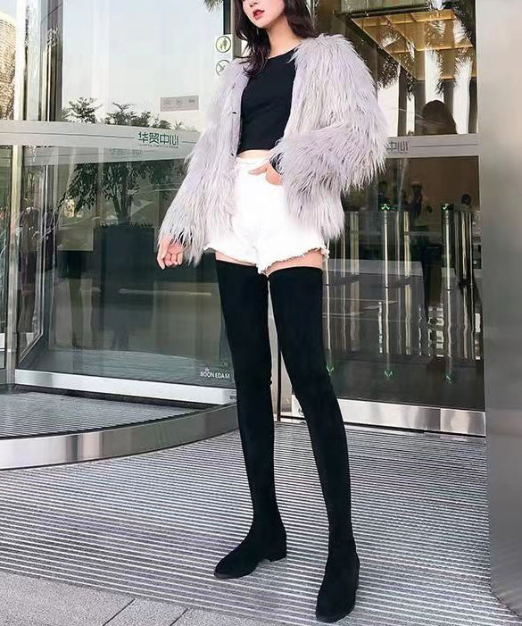 Black Knee Boots Chunky Suede Versatile