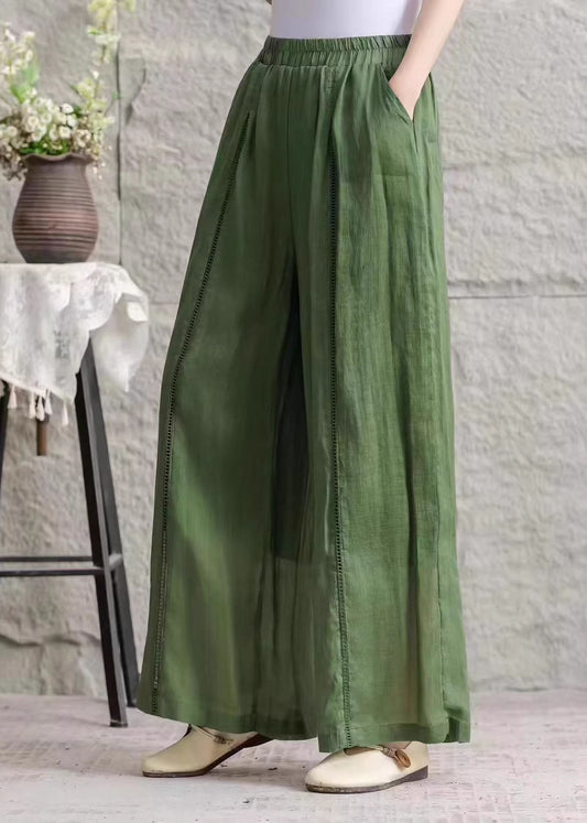 Green Pockets Hollow Out Patchwork Linen Pants Summer
