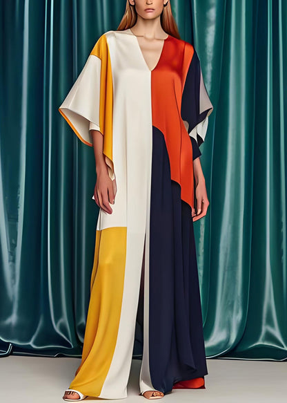 Colorblock V Neck Silk Jumpsuits Summer