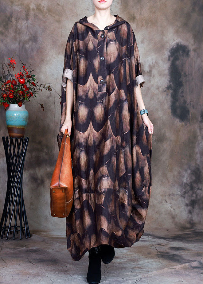 Natural Chocolate Hooded Button Print Asymmetrical Design Fall Dress Long Sleeve