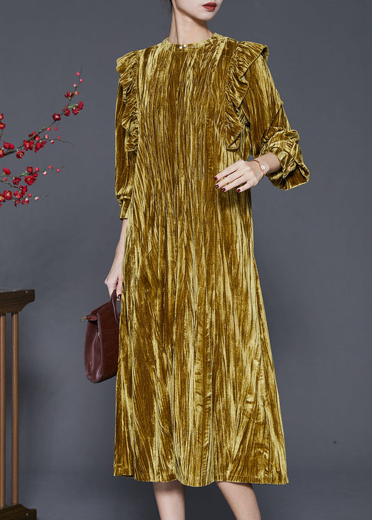 Green Ruffled Wrinkled Silk Velour Holiday Dress Spring