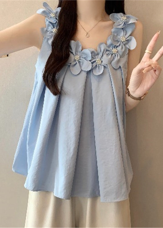 Blue Decorated Cotton Tanks Oversized Sleeveless