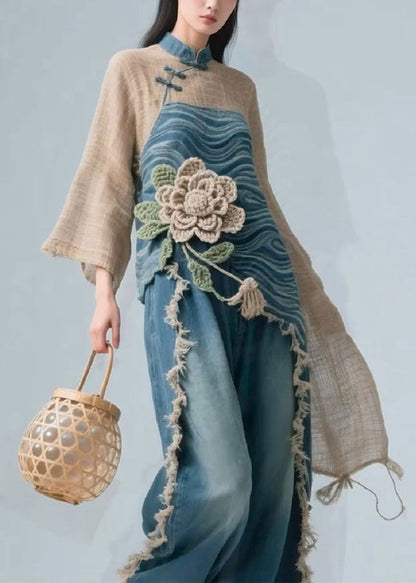 Colorblock Stand Collar Linen Patchwork Blouse Fall