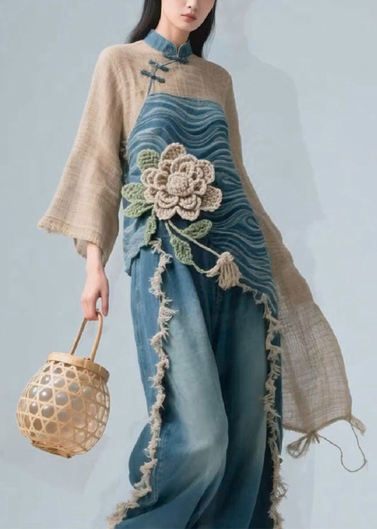 Colorblock Stand Collar Linen Patchwork Blouse Fall