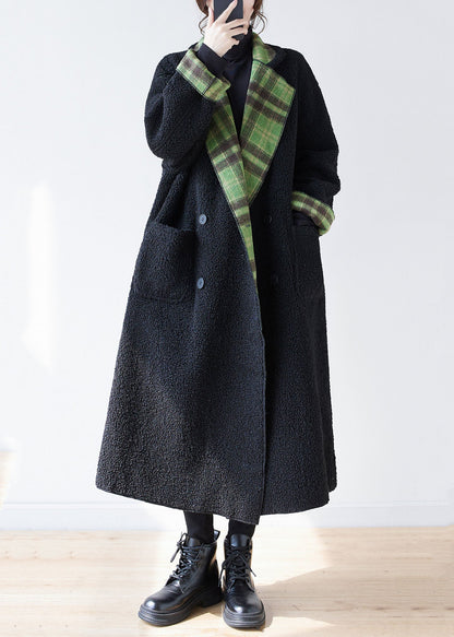 French Green Plaid Notched Wear on Both Sides Warm Fleece Faux Fur Trench Coats Long Sleeve