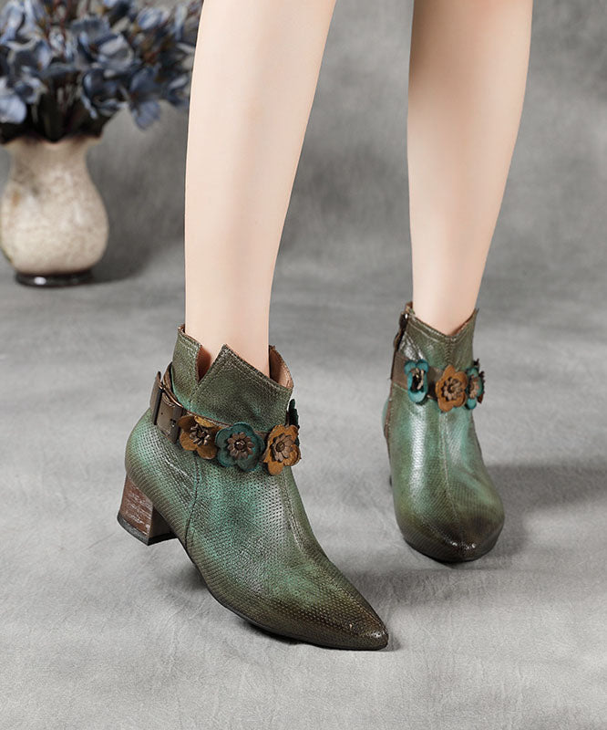 Art Green Zippered Splicing Chunky Boots Pointed Toe