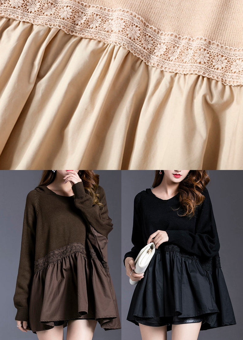 Black Hooded Patchwork Knit Pullover Spring