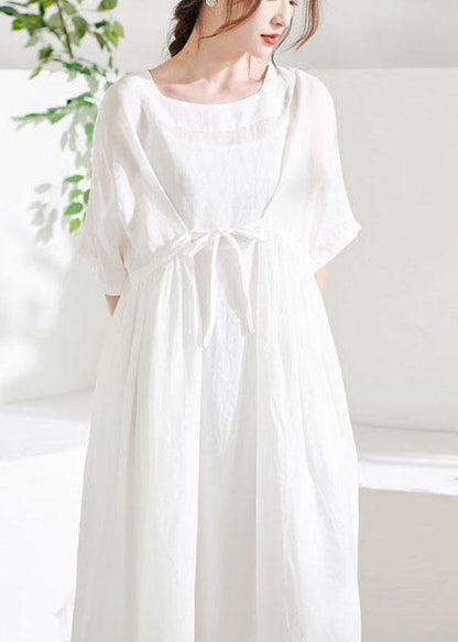 Comfy White Tie Waist Patchwork Summer Ramie Vacation Dresses Half Sleeve