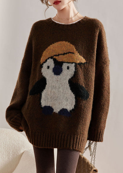 Jacquard Coffee O-neck Thick Cotton Knit Sweater Winter