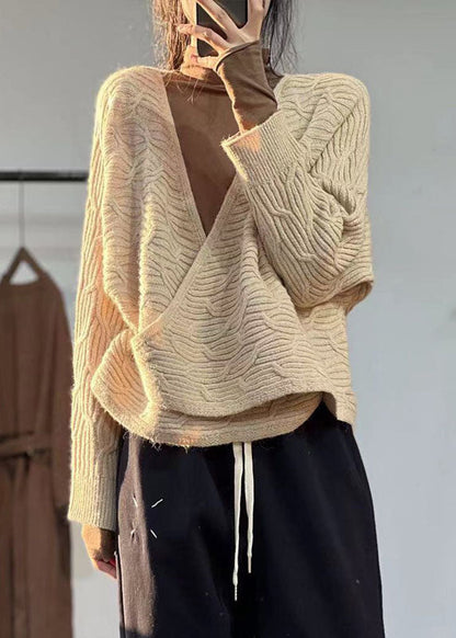 Beige V Neck Oversized Original Design Knit Sweater Winter