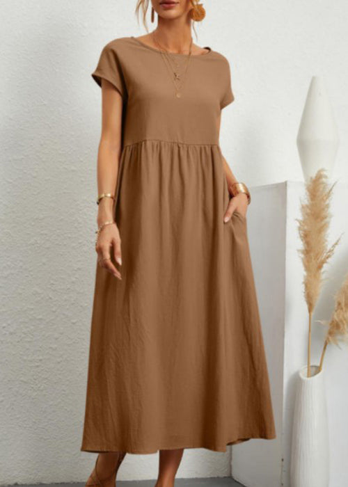 Loose Wine Red O Neck Pockets Cotton Long Dresses Summer