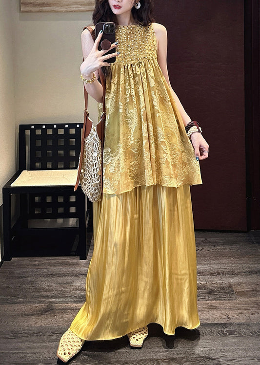 Yellow False Two Pieces Patchwork Silk Dress O Neck Summer