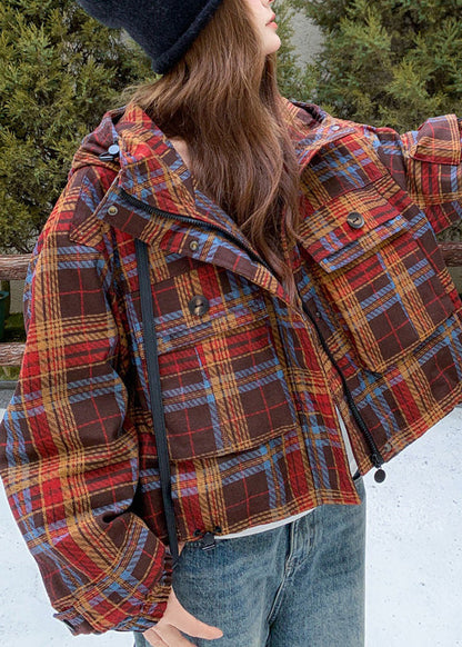 Red Hooded Plaid Rabbit Wool Lined Coat Winter