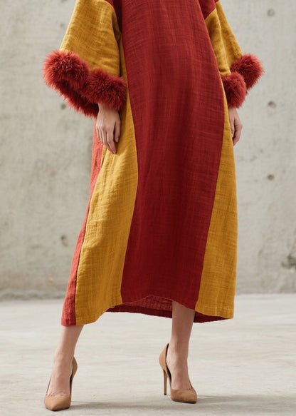 Colorblock O Neck Fuzzy Fur Patchwork Cotton Long Dresses Fall