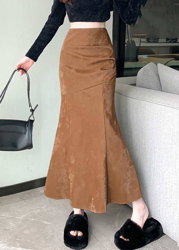 Khaki High Waist Patchwork Silk Velvet Fishtail Skirt Fall