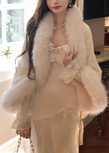 White Fur Collar Coat and Dress Fluffy Two Pieces Set Flare Sleeve