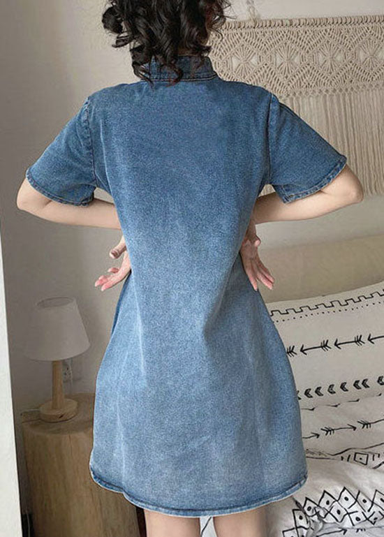 Blue Stand Collar Button Embroideried Denim Dresses Short Sleeve